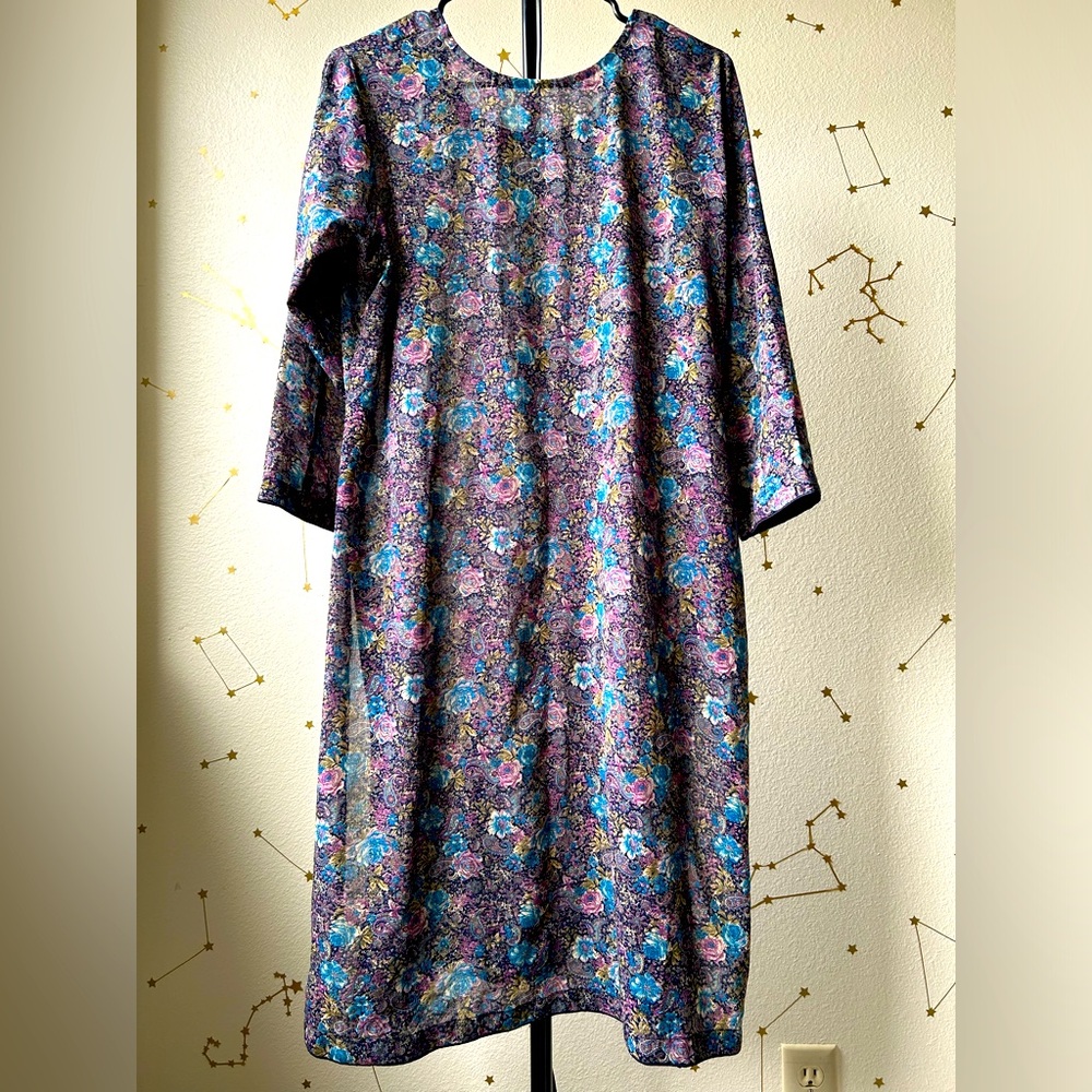 Vintage Long-sleeve Pink/Blue Multi-Color Floral and Paisley Midi Dress